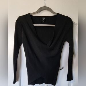 Black Ribbed Wrap-Front Long Sleeve Sweater Sz S